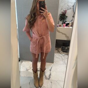 Pink Denim Short-Sleeve Belted Romper!